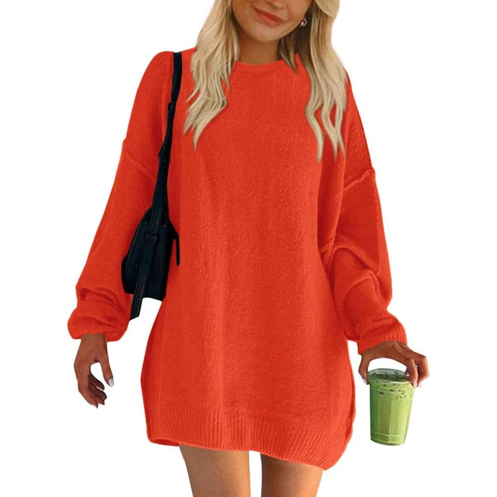 imageBTFBM 2025 Womens Sweaters Casual Crewneck Long Sleeve Oversized Sweater Dress Fall Winter Loose Slouchy Soft PulloverSolid Orange