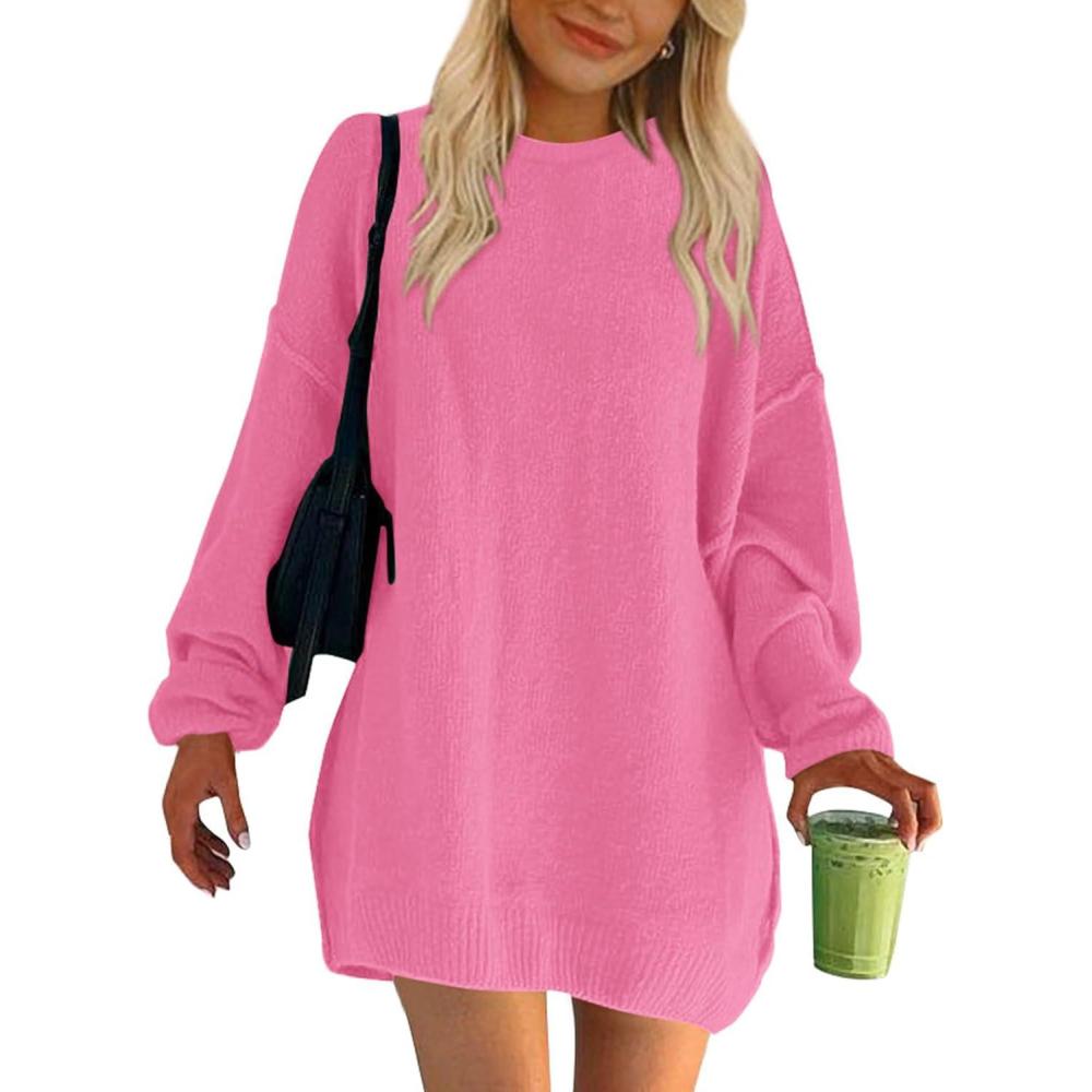 imageBTFBM 2025 Womens Sweaters Casual Crewneck Long Sleeve Oversized Sweater Dress Fall Winter Loose Slouchy Soft PulloverSolid Rose Pink