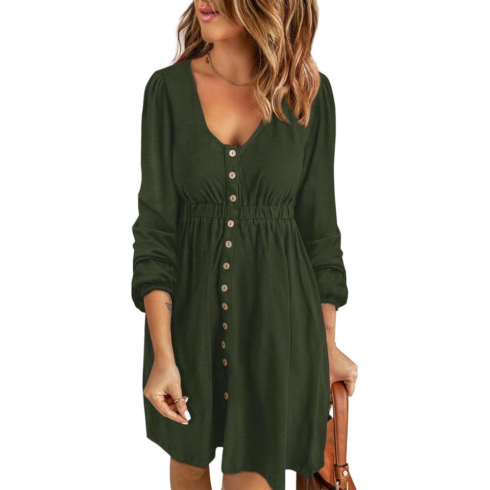 imageBTFBM Casual Fall Dresses for Women 2025 Long Sleeve Button Down Crew Neck Empire Waist A Line Mini Short HOCO DressArmy Green