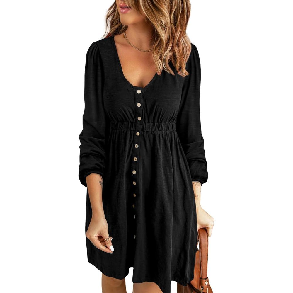 imageBTFBM Casual Fall Dresses for Women 2025 Long Sleeve Button Down Crew Neck Empire Waist A Line Mini Short HOCO DressBlack