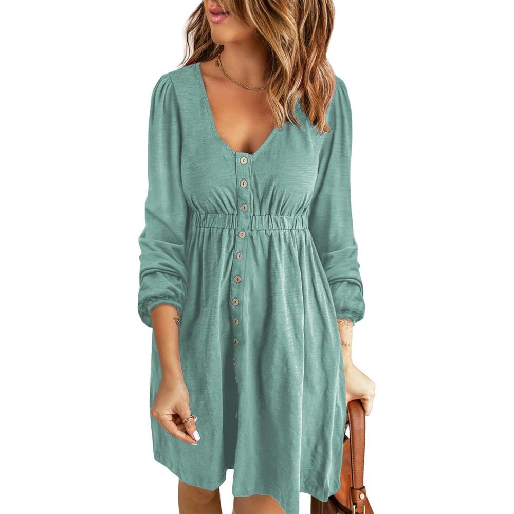 imageBTFBM Casual Fall Dresses for Women 2025 Long Sleeve Button Down Crew Neck Empire Waist A Line Mini Short HOCO DressGreen