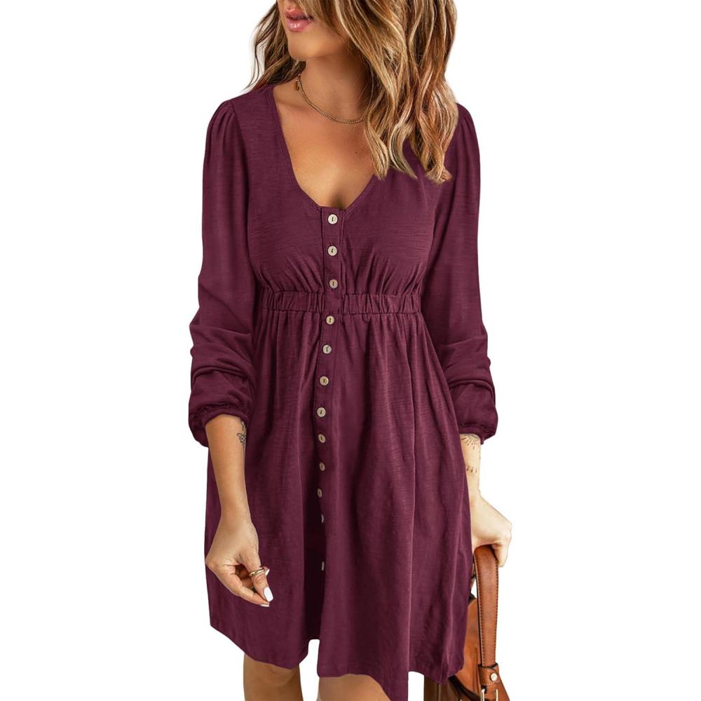 imageBTFBM Casual Fall Dresses for Women 2025 Long Sleeve Button Down Crew Neck Empire Waist A Line Mini Short HOCO DressWine Red