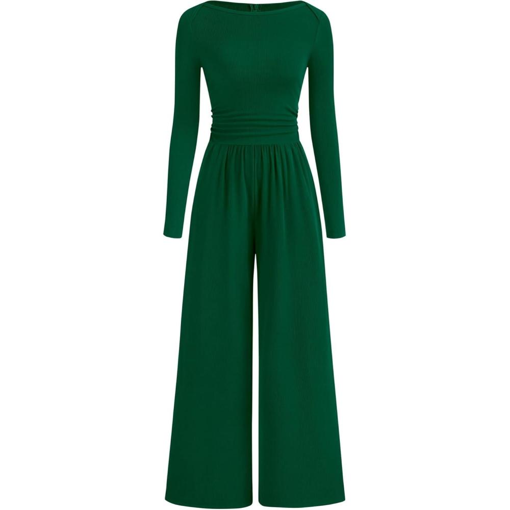 imageBTFBM Jumpsuits For Women One Piece Outfits Long Sleeve Stretchy Knit Wide Leg Pants Womens Jumpsuit Fall Clothes 2025Dark Green