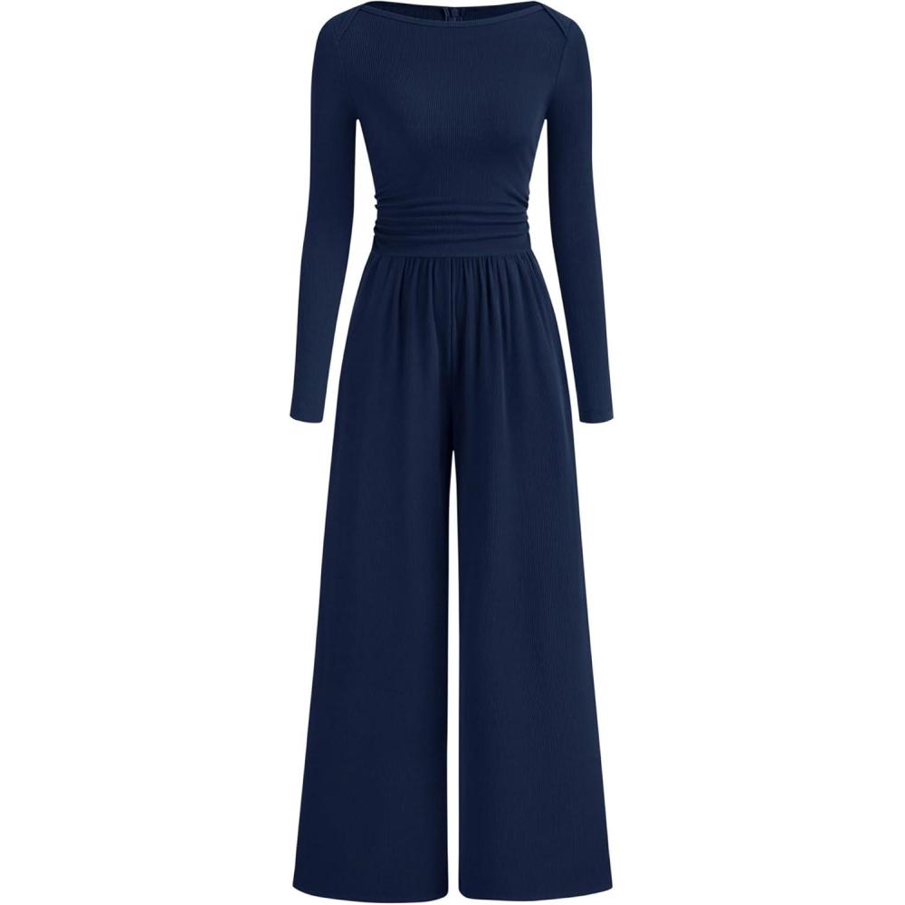 imageBTFBM Jumpsuits For Women One Piece Outfits Long Sleeve Stretchy Knit Wide Leg Pants Womens Jumpsuit Fall Clothes 2025Navy