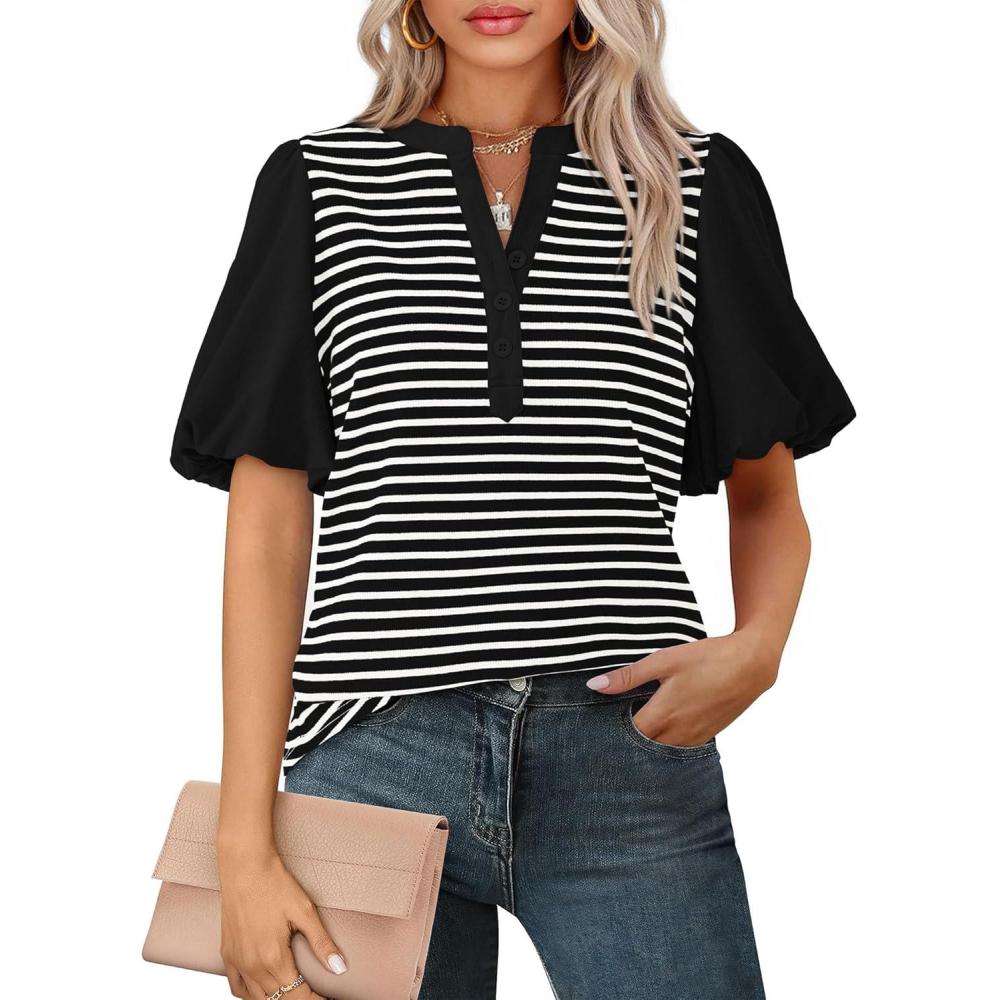 imageBTFBM Puff Sleeve Tops for Women Dressy Summer Vacation Outfits 2025 V Neck Casual Button Up Shirts Loose Striped BlouseBlack