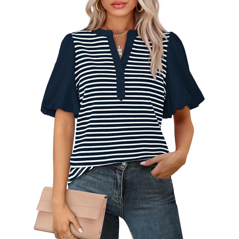imageBTFBM Puff Sleeve Tops for Women Dressy Summer Vacation Outfits 2025 V Neck Casual Button Up Shirts Loose Striped BlouseNavy