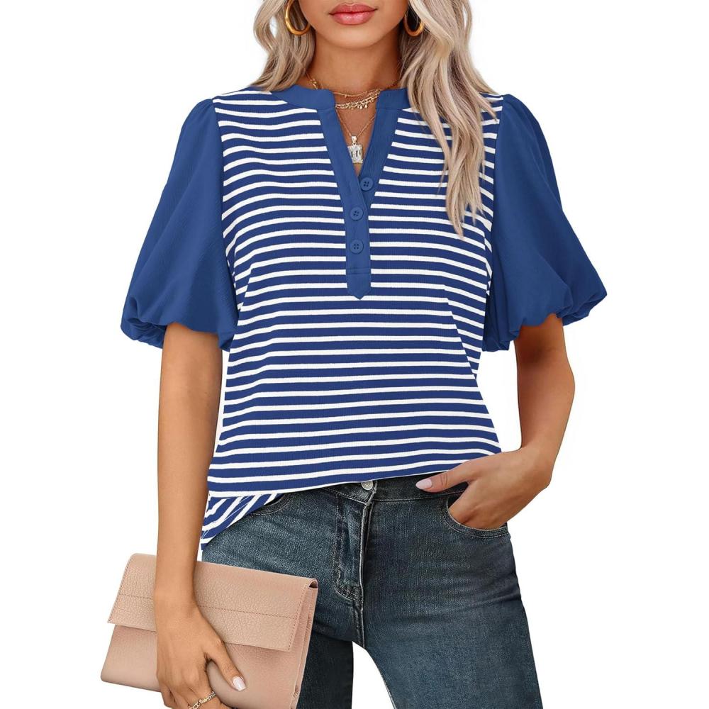 imageBTFBM Puff Sleeve Tops for Women Dressy Summer Vacation Outfits 2025 V Neck Casual Button Up Shirts Loose Striped BlouseRoyal Blue