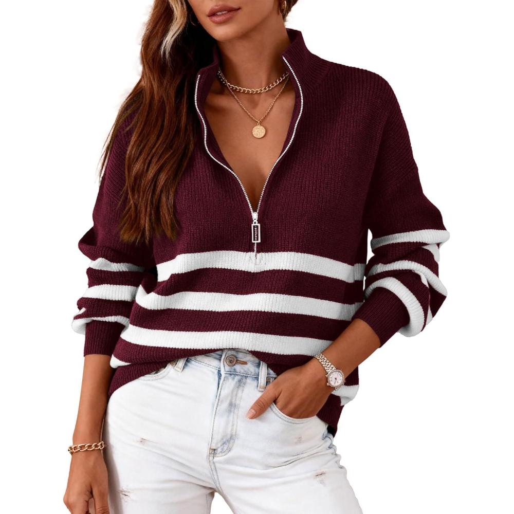 imageBTFBM Striped Quarter Zip Sweater Women Fall Outfits Winter Clothing V Neck Long Sleeve Knit Collared Sweaters PulloverStriped Wine Red