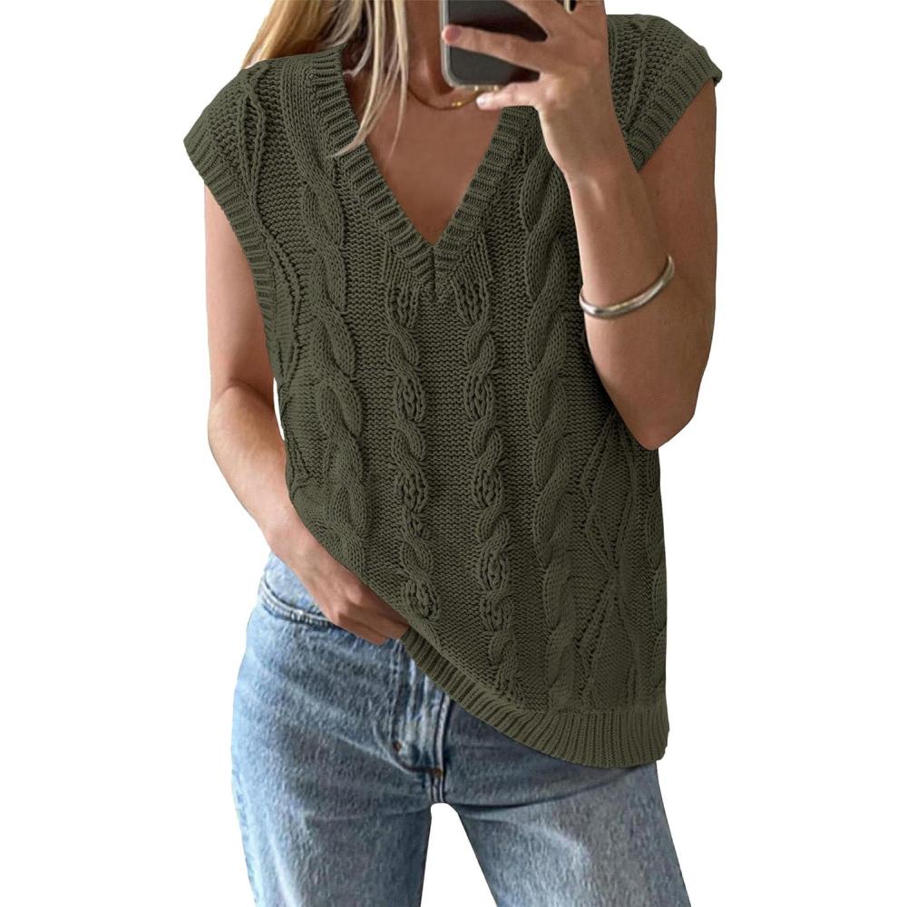 imageBTFBM Sweater Vest Women Oversized V Neck Cable Knit Casual Pullover Sweaters Fall Outfits 2025 Sleeveless TopsArmy Green