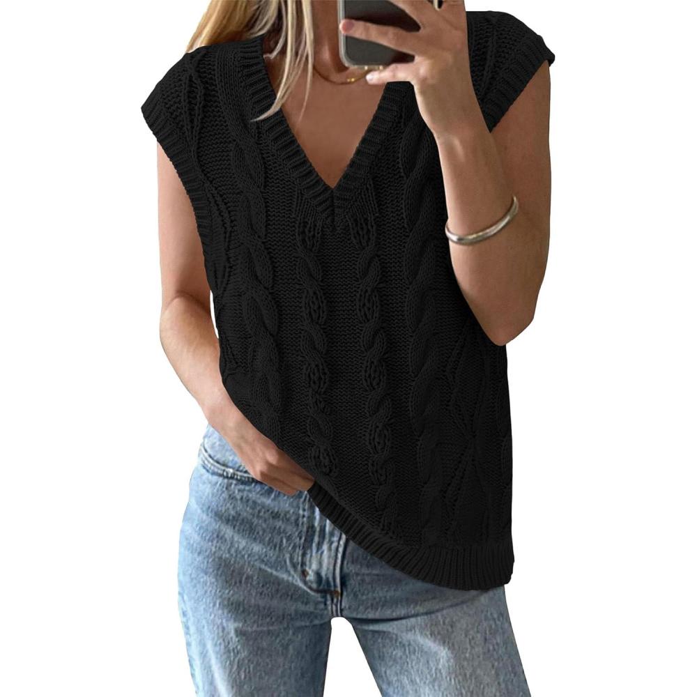 imageBTFBM Sweater Vest Women Oversized V Neck Cable Knit Casual Pullover Sweaters Fall Outfits 2025 Sleeveless TopsBlack