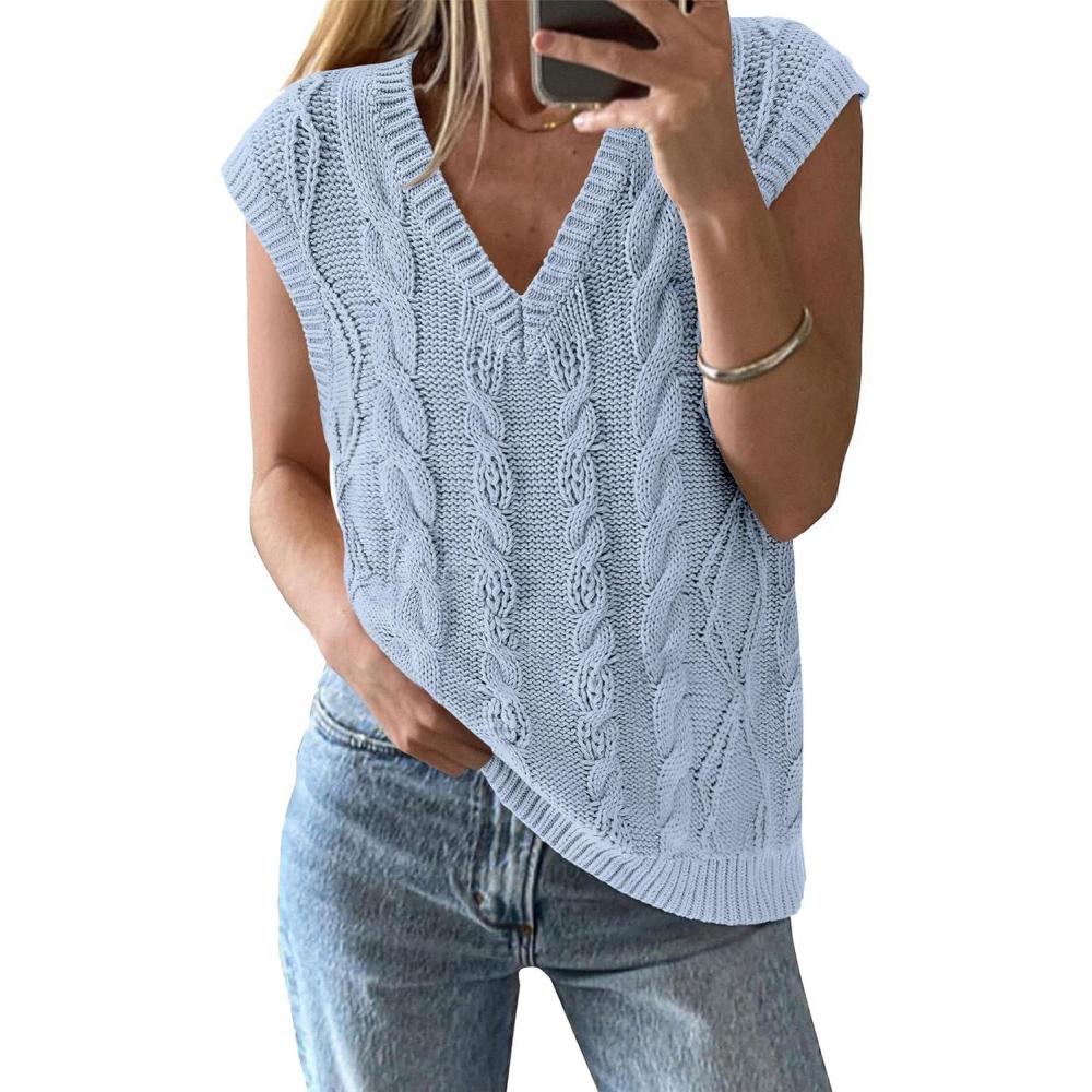 imageBTFBM Sweater Vest Women Oversized V Neck Cable Knit Casual Pullover Sweaters Fall Outfits 2025 Sleeveless TopsLight Blue