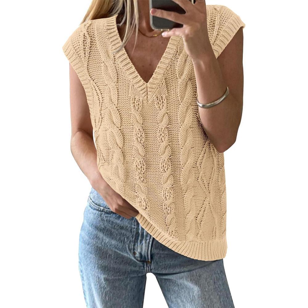 imageBTFBM Sweater Vest Women Oversized V Neck Cable Knit Casual Pullover Sweaters Fall Outfits 2025 Sleeveless TopsLight Khaki