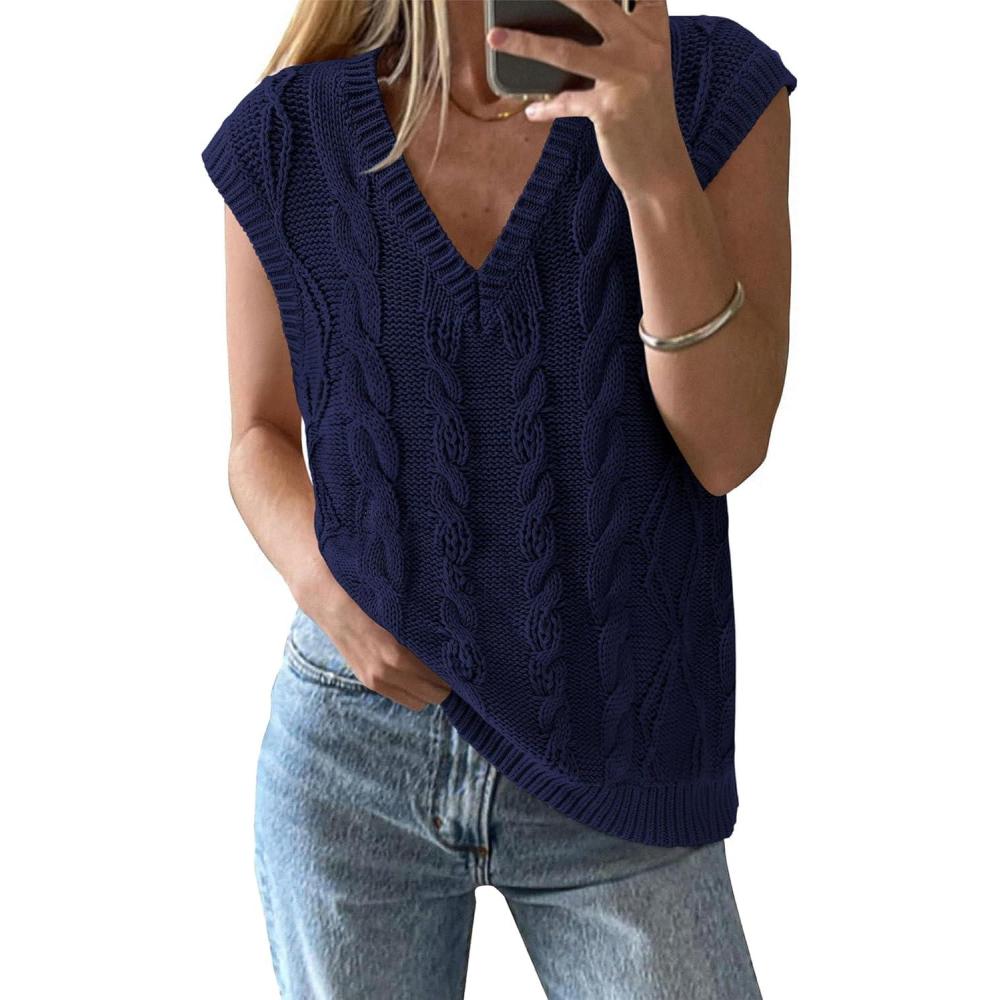 imageBTFBM Sweater Vest Women Oversized V Neck Cable Knit Casual Pullover Sweaters Fall Outfits 2025 Sleeveless TopsNavy
