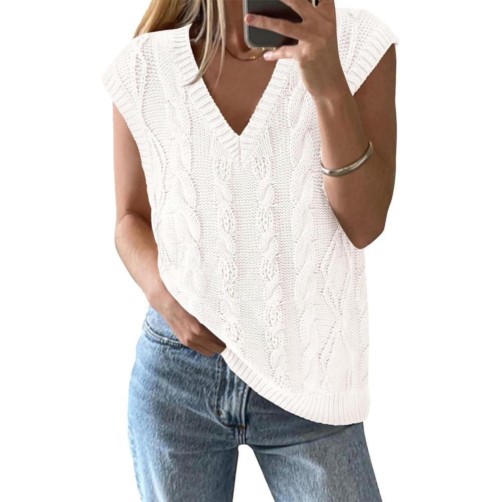 imageBTFBM Sweater Vest Women Oversized V Neck Cable Knit Casual Pullover Sweaters Fall Outfits 2025 Sleeveless TopsWhite