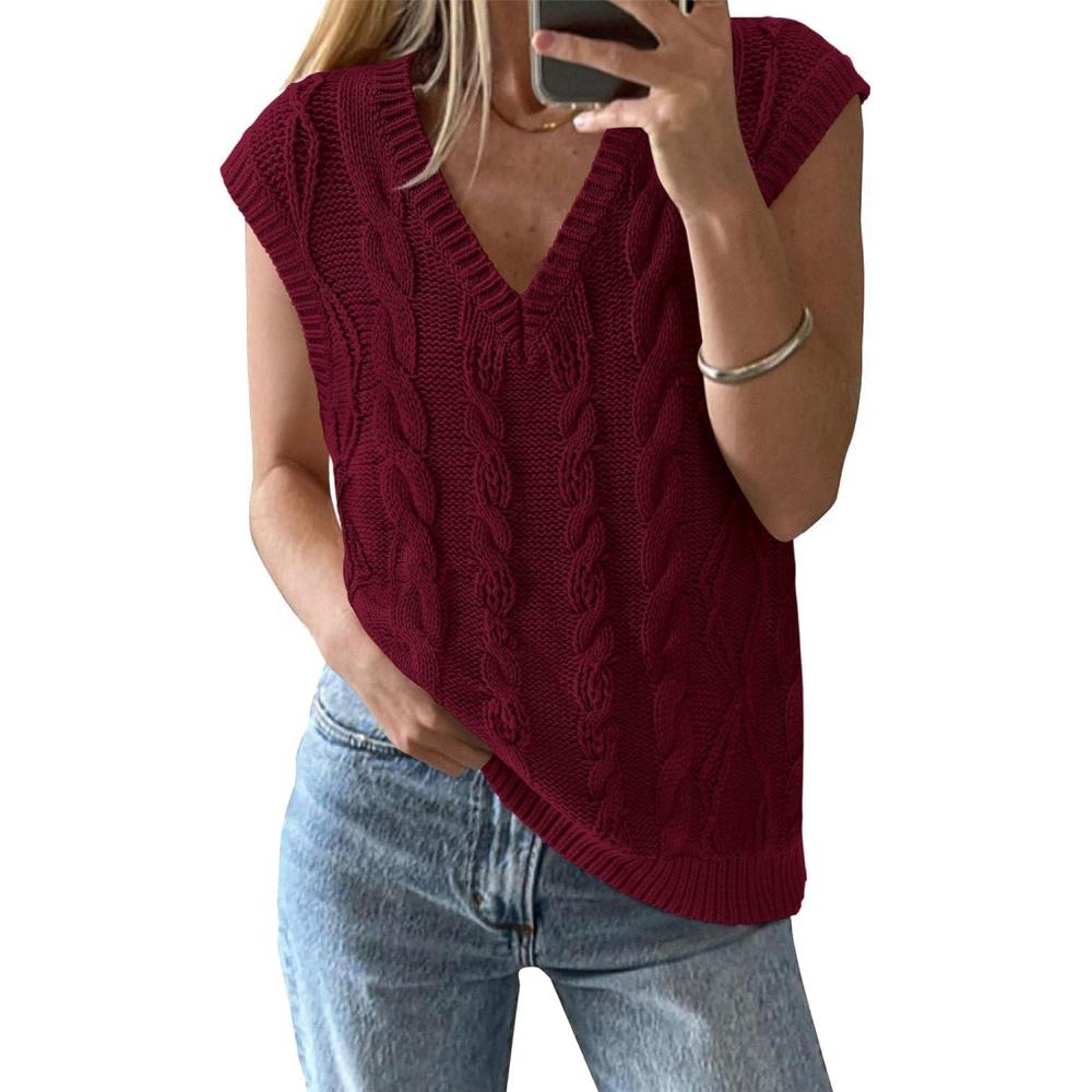 imageBTFBM Sweater Vest Women Oversized V Neck Cable Knit Casual Pullover Sweaters Fall Outfits 2025 Sleeveless TopsWine Red