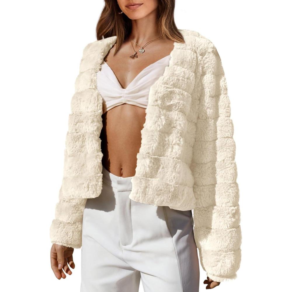 imageBTFBM Winter Coats For Women Faux Fur Jacket Soft Long Sleeve Fluffy Open Front Outerwear Fall Outfits 2025Apricot