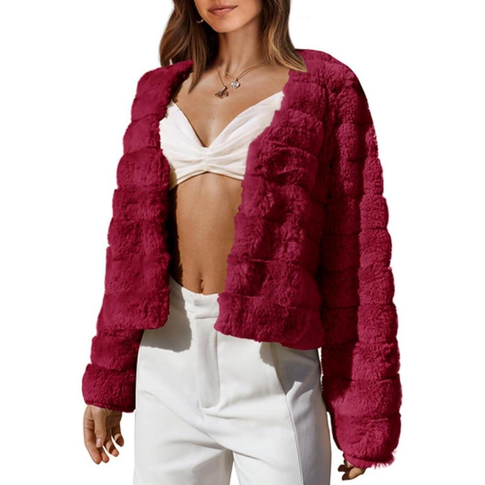imageBTFBM Winter Coats For Women Faux Fur Jacket Soft Long Sleeve Fluffy Open Front Outerwear Fall Outfits 2025Dark Red