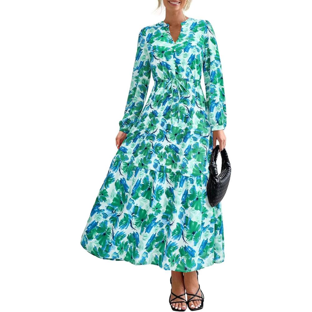imageBTFBM Women Boho Maxi Dress Fall Fashion 2025 Floral Long Sleeve V Neck Button Pockets Flowy Vacation Wedding DressesFloral Green