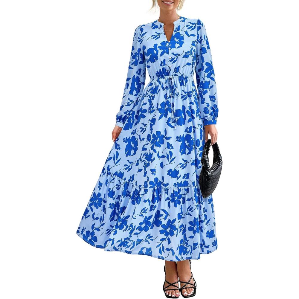 imageBTFBM Women Boho Maxi Dress Fall Fashion 2025 Floral Long Sleeve V Neck Button Pockets Flowy Vacation Wedding DressesFloral Light Blue Blue