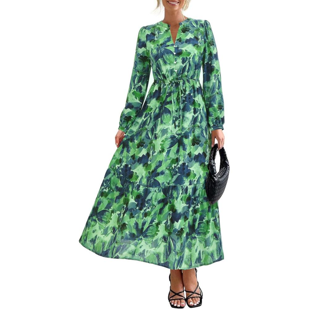 imageBTFBM Women Boho Maxi Dress Fall Fashion 2025 Floral Long Sleeve V Neck Button Pockets Flowy Vacation Wedding DressesGreen