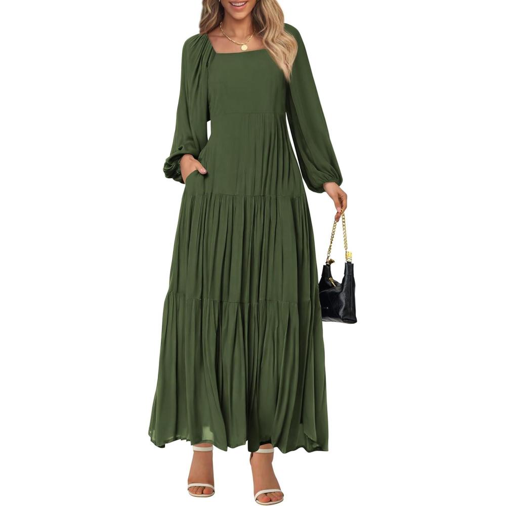imageBTFBM Women Formal Dress Spring Square Neck Puff Long Sleeve Smocked Tiered Flowy Wedding Guest Maxi Dresses PocketsArmy Green