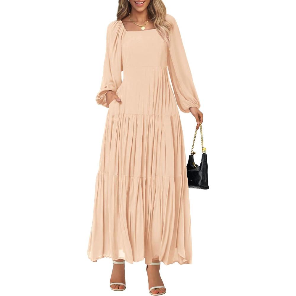 imageBTFBM Women Formal Dress Spring Square Neck Puff Long Sleeve Smocked Tiered Flowy Wedding Guest Maxi Dresses PocketsBeige
