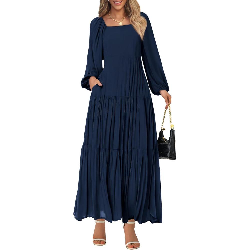 imageBTFBM Women Formal Dress Spring Square Neck Puff Long Sleeve Smocked Tiered Flowy Wedding Guest Maxi Dresses PocketsNavy