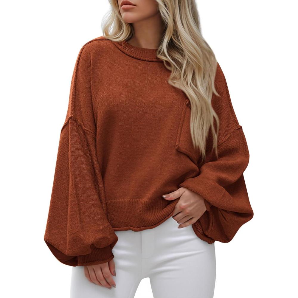 imageBTFBM Women Oversized Sweater Fall Lantern Long Sleeve Crewneck Winter Outfits Casual Ribbed Knit Pullover Tops 2025Brown Orange