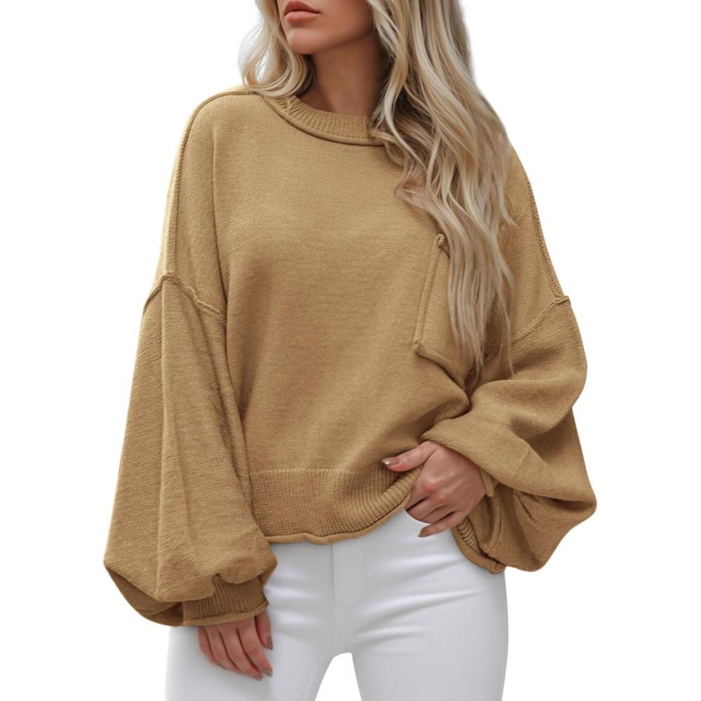 imageBTFBM Women Oversized Sweater Fall Lantern Long Sleeve Crewneck Winter Outfits Casual Ribbed Knit Pullover Tops 2025Khaki