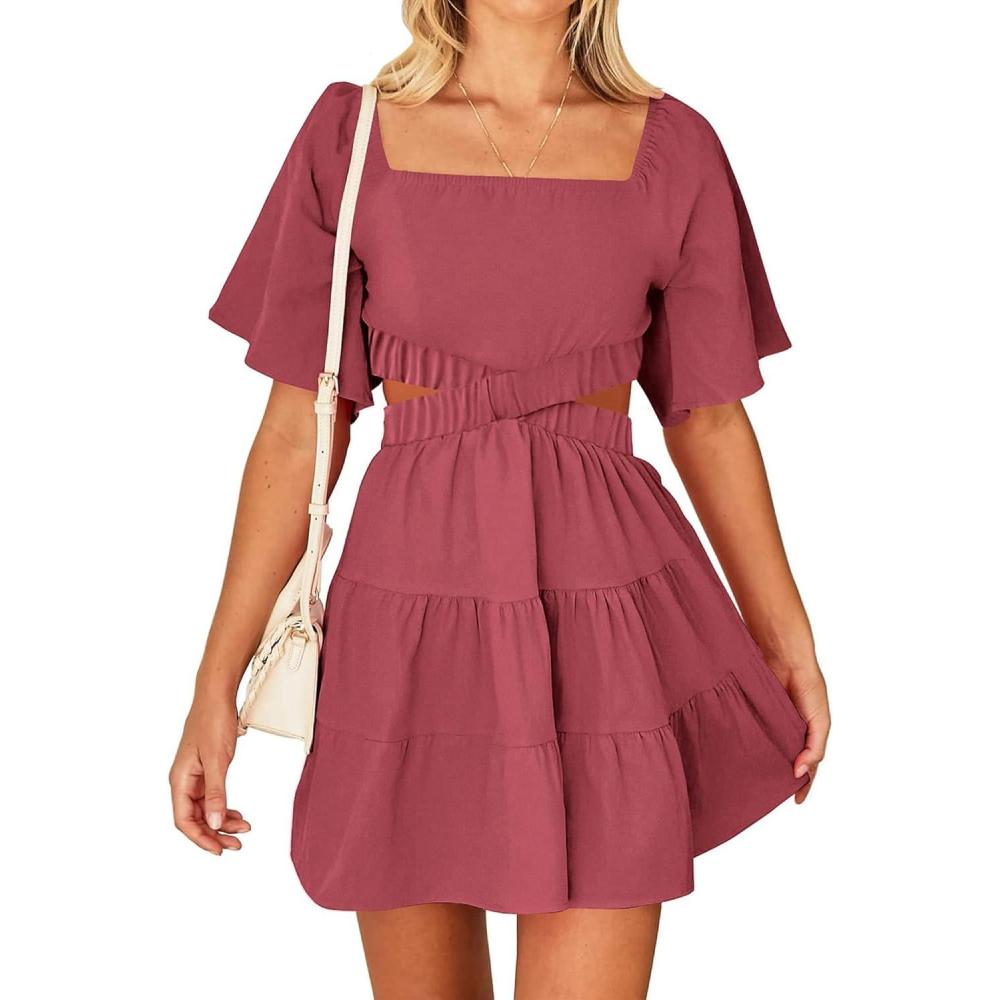 imageBTFBM Women Summer Dresses 2023 Square Neck Short Sleeve Cutout Crossover Waist Casual Party Tiered ALine Mini DressSolid Bean Paste Red