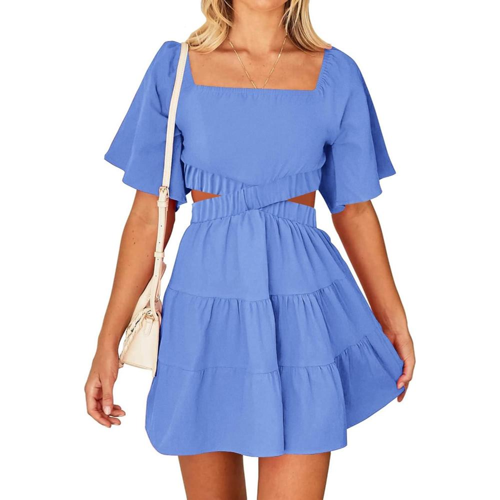 imageBTFBM Women Summer Dresses 2023 Square Neck Short Sleeve Cutout Crossover Waist Casual Party Tiered ALine Mini DressSolid Sky Blue