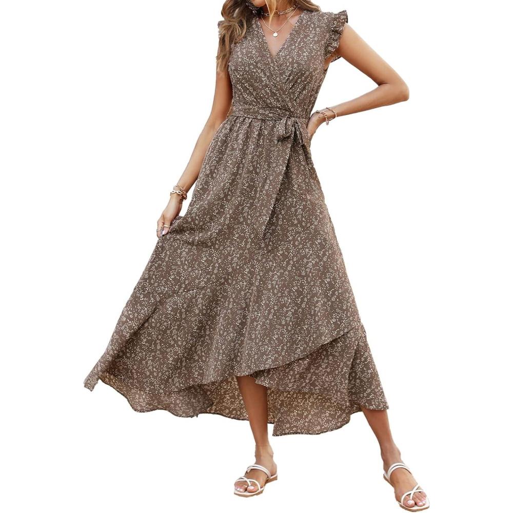 imageBTFBM Women Summer Floral Boho Maxi Dresses 2026 Vacation Ruffle Sleeve V Neck Belt Wrap Wedding Guest Spring Beach DressFloral Brown