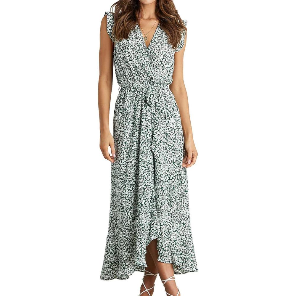 imageBTFBM Women Summer Floral Boho Maxi Dresses 2026 Vacation Ruffle Sleeve V Neck Belt Wrap Wedding Guest Spring Beach DressFloral Print Green