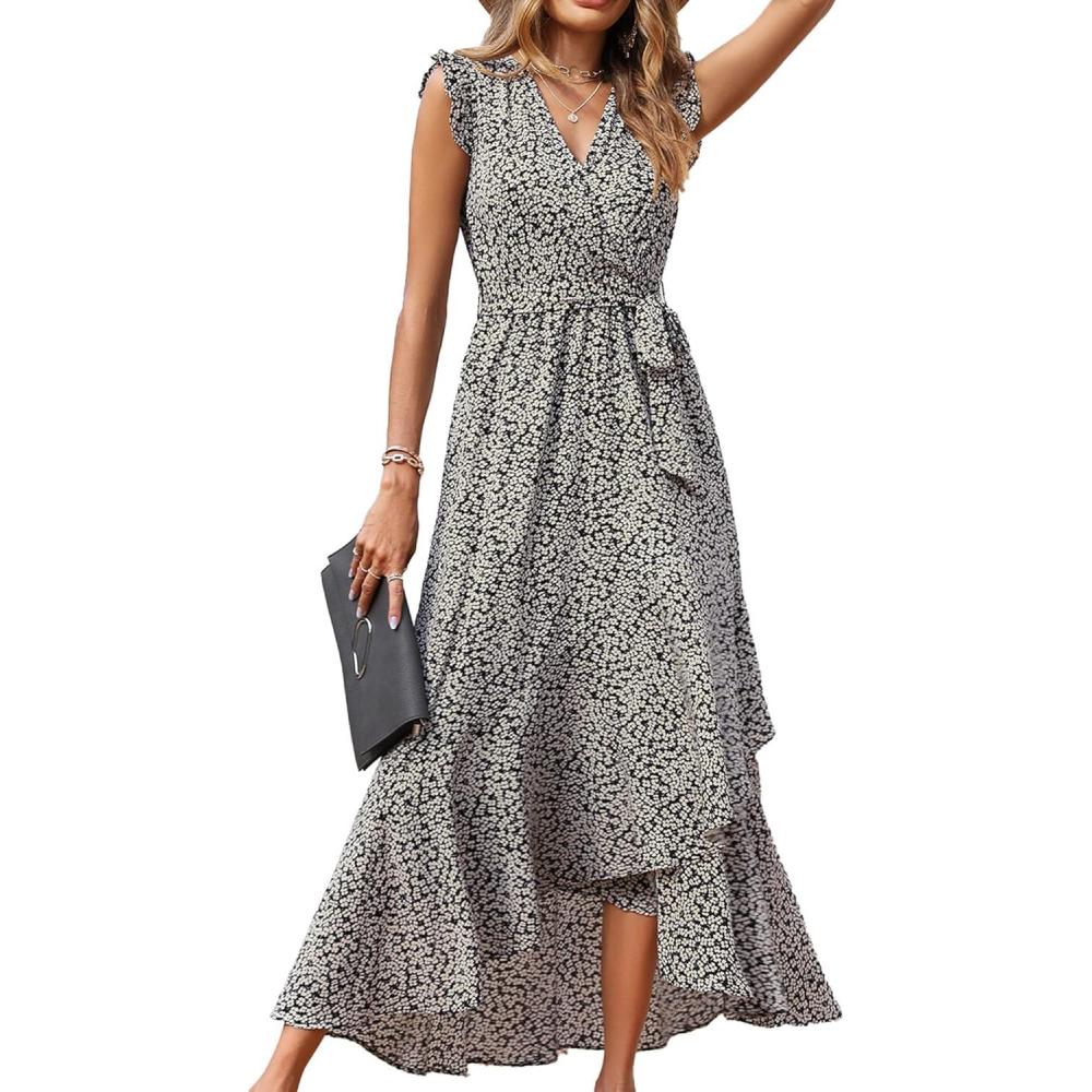 imageBTFBM Women Summer Floral Boho Maxi Dresses 2026 Vacation Ruffle Sleeve V Neck Belt Wrap Wedding Guest Spring Beach DressFloral White