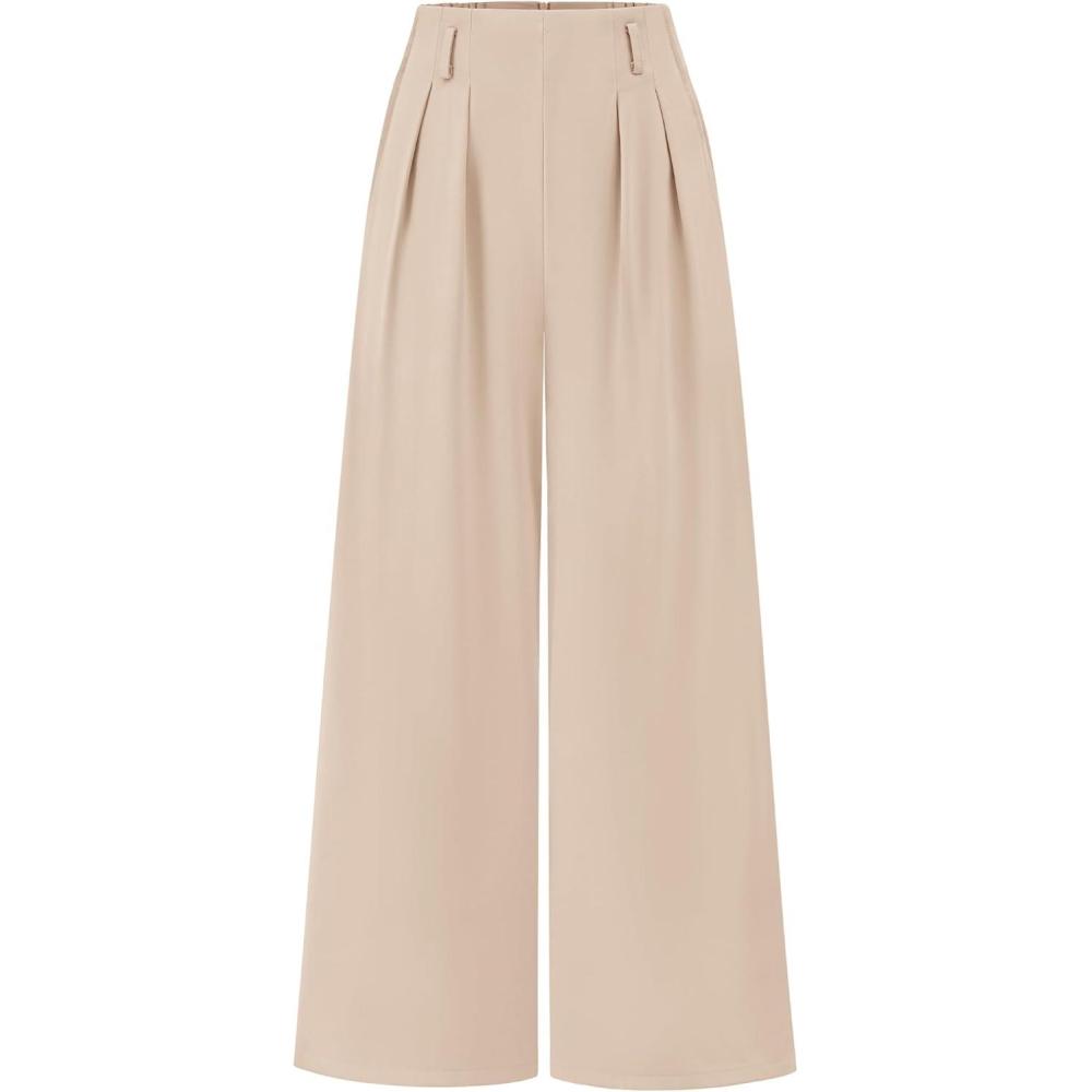 imageBTFBM Womens Elegant Flowy Dress Pants Front Pleated High Waisted Casual Wide Leg Loose Palazzo Trousers with PocketsBeige