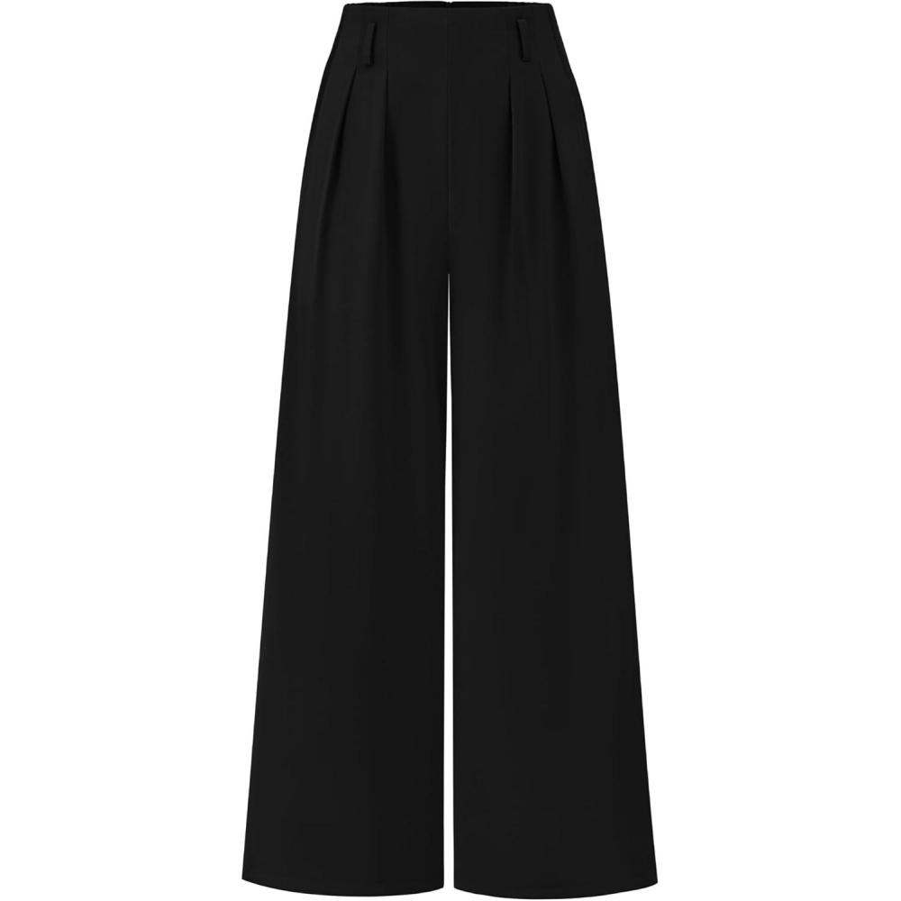 imageBTFBM Womens Elegant Flowy Dress Pants Front Pleated High Waisted Casual Wide Leg Loose Palazzo Trousers with PocketsBlack