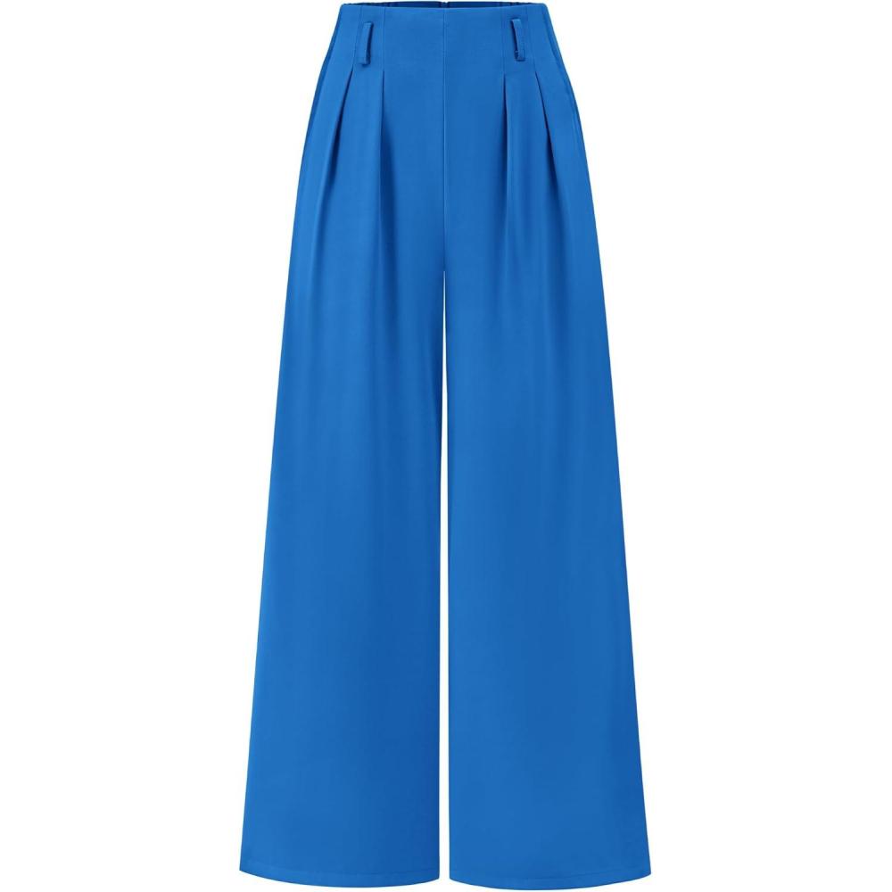 imageBTFBM Womens Elegant Flowy Dress Pants Front Pleated High Waisted Casual Wide Leg Loose Palazzo Trousers with PocketsBlue