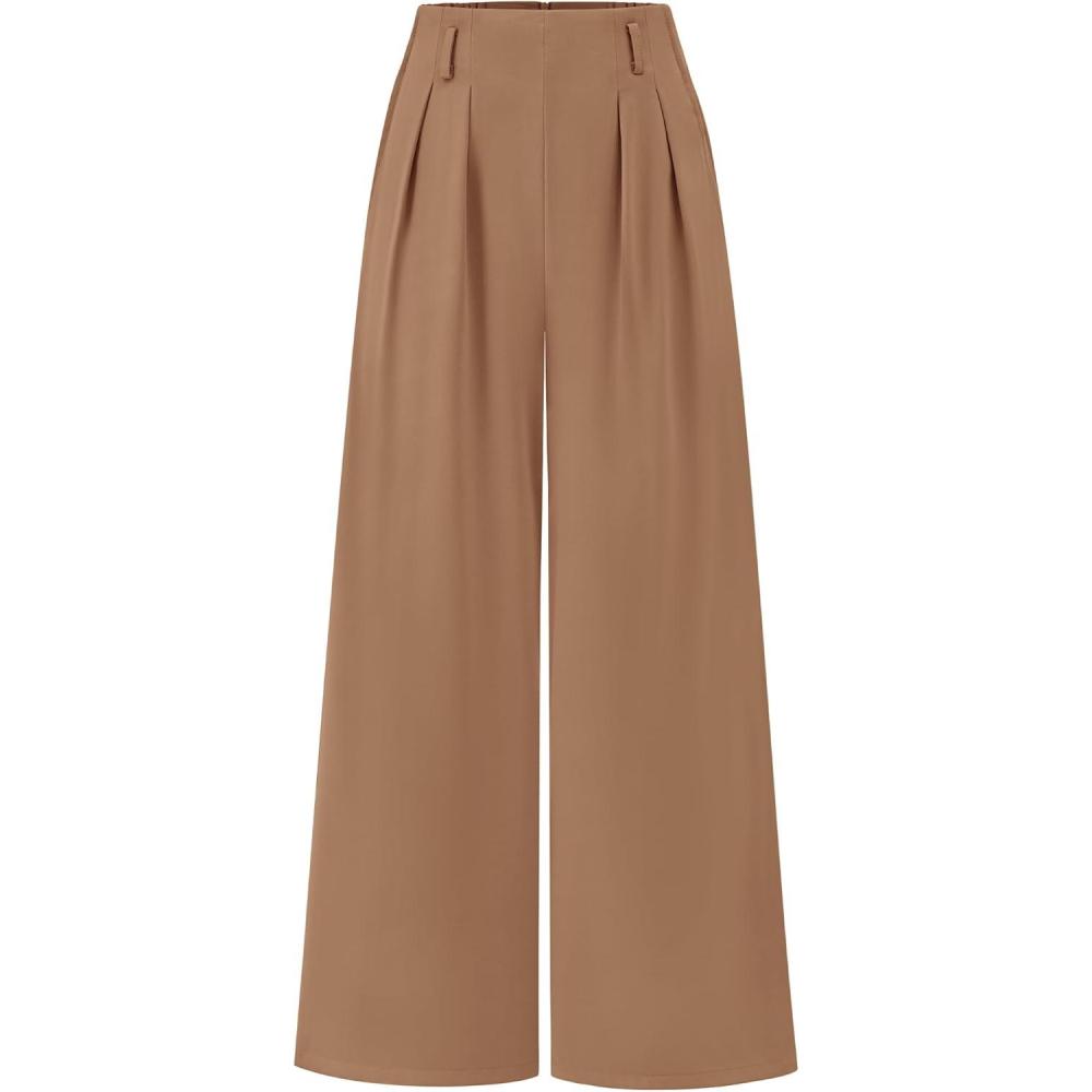 imageBTFBM Womens Elegant Flowy Dress Pants Front Pleated High Waisted Casual Wide Leg Loose Palazzo Trousers with PocketsKhaki