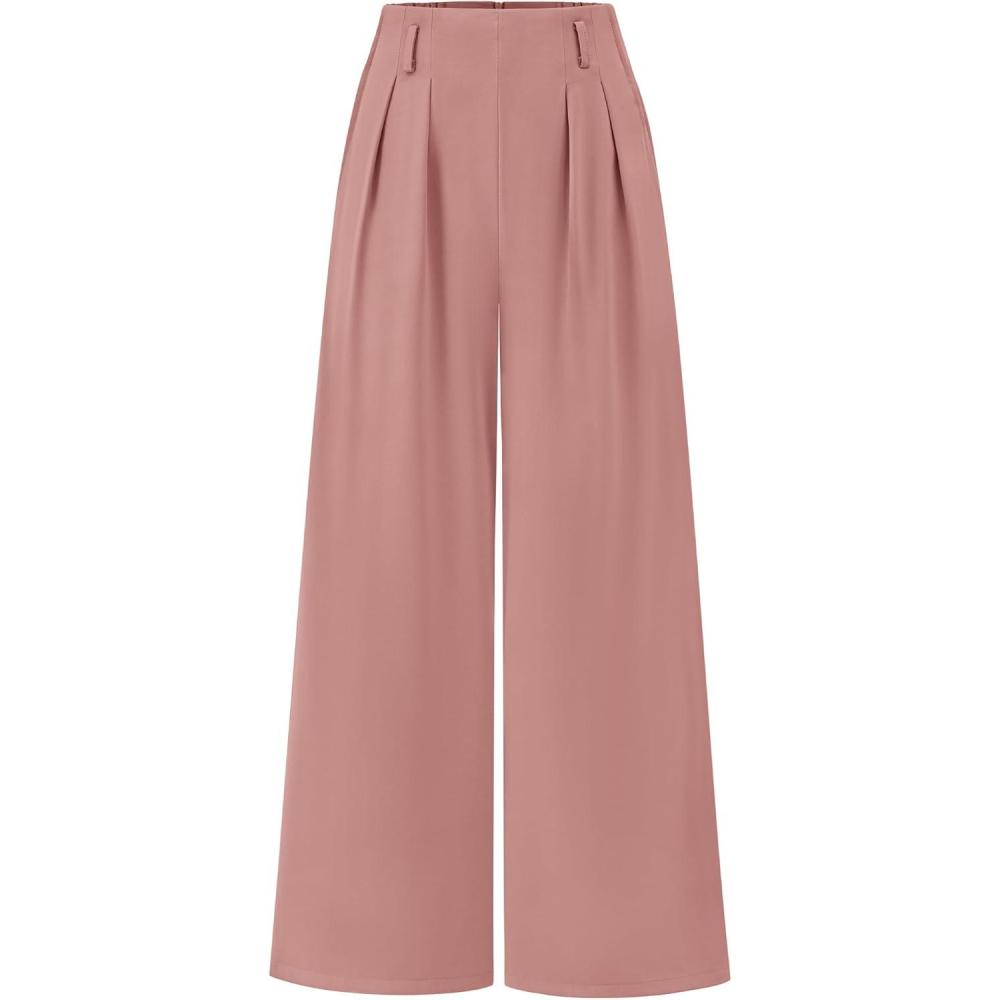 imageBTFBM Womens Elegant Flowy Dress Pants Front Pleated High Waisted Casual Wide Leg Loose Palazzo Trousers with PocketsPink
