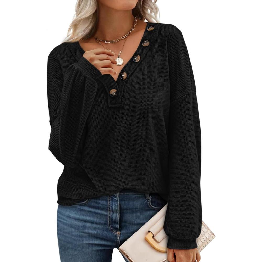 imageBTFBM Womens Fall Fashion 2025 Long Sleeve Shirts Spring V Neck Loose Casual Deco Button Lightweight Waffle Knit TopsBlack