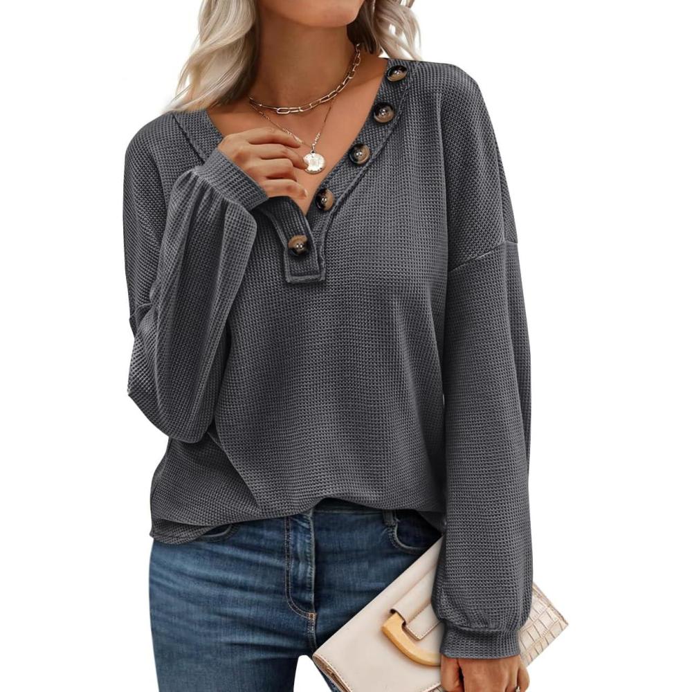 imageBTFBM Womens Fall Fashion 2025 Long Sleeve Shirts Spring V Neck Loose Casual Deco Button Lightweight Waffle Knit TopsDark Grey