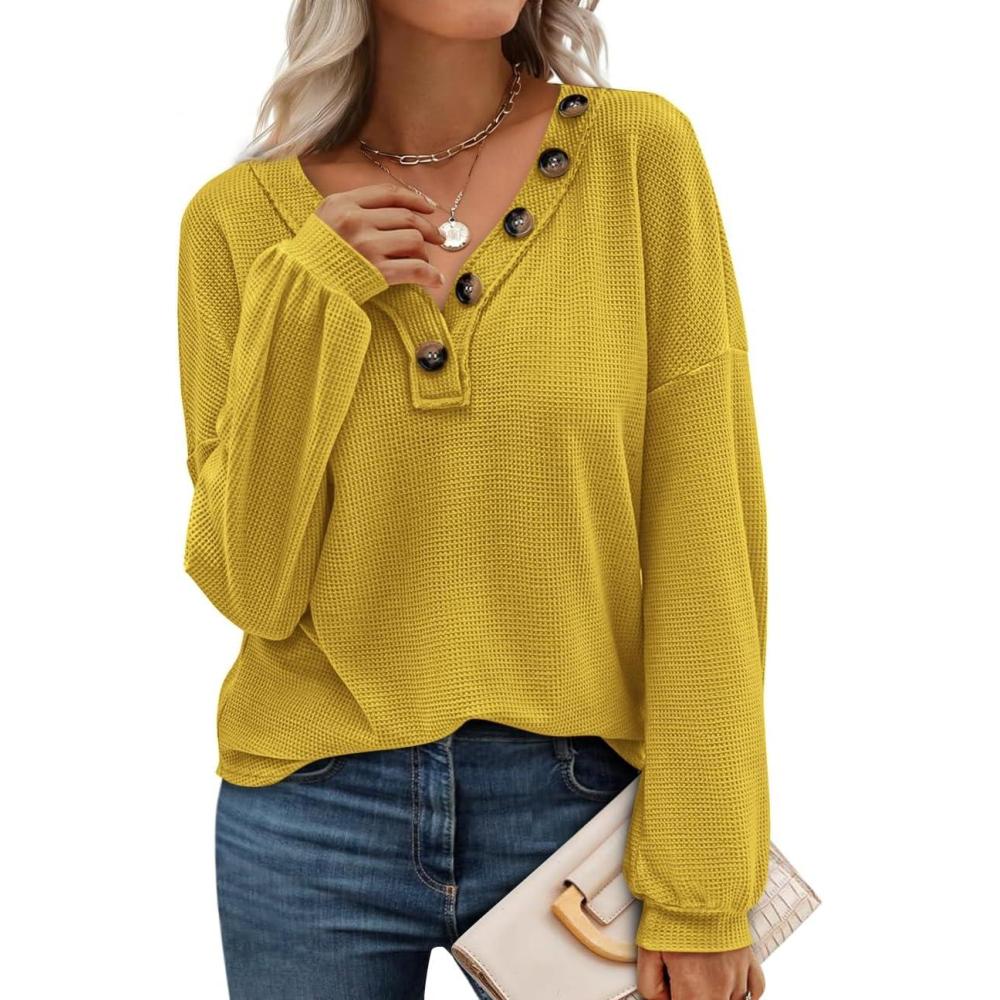 imageBTFBM Womens Fall Fashion 2025 Long Sleeve Shirts Spring V Neck Loose Casual Deco Button Lightweight Waffle Knit TopsMustard Yellow