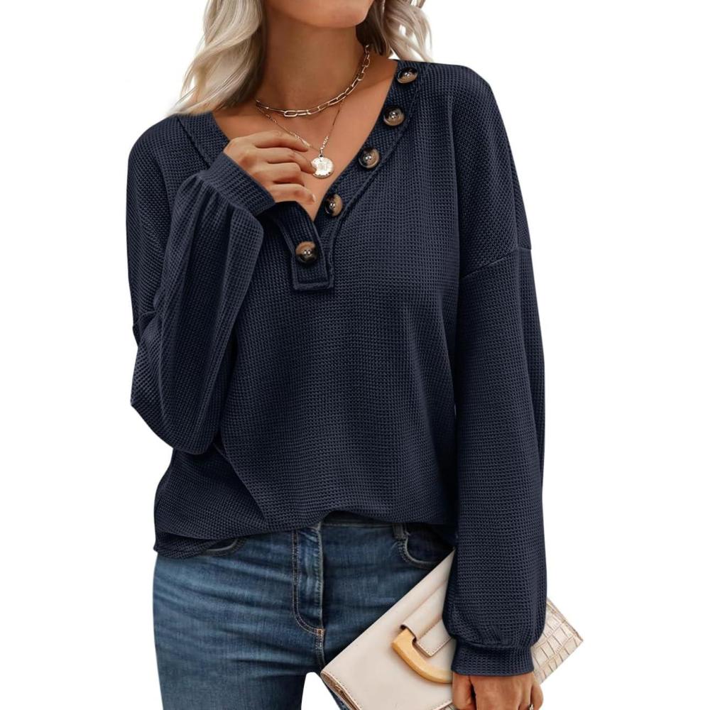 imageBTFBM Womens Fall Fashion 2025 Long Sleeve Shirts Spring V Neck Loose Casual Deco Button Lightweight Waffle Knit TopsNavy