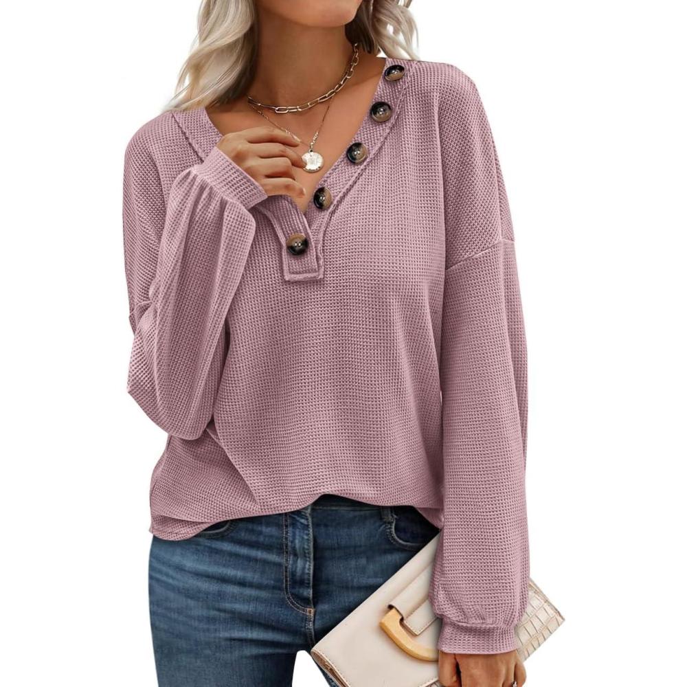 imageBTFBM Womens Fall Fashion 2025 Long Sleeve Shirts Spring V Neck Loose Casual Deco Button Lightweight Waffle Knit TopsPink