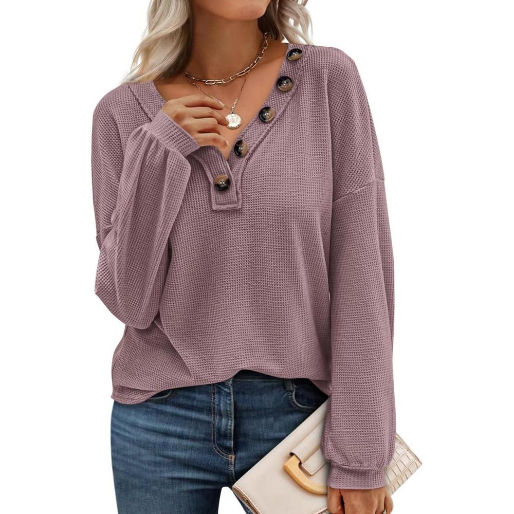 imageBTFBM Womens Fall Fashion 2025 Long Sleeve Shirts Spring V Neck Loose Casual Deco Button Lightweight Waffle Knit TopsPurple