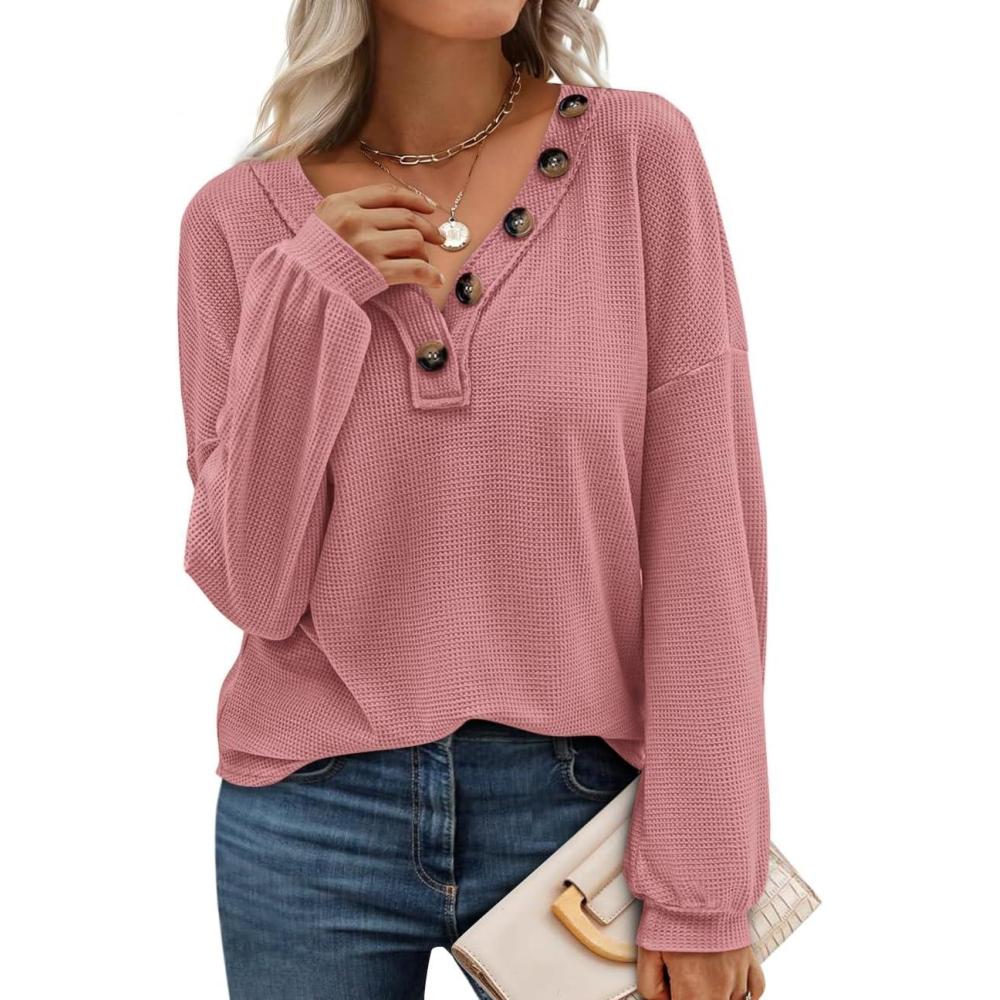 imageBTFBM Womens Fall Fashion 2025 Long Sleeve Shirts Spring V Neck Loose Casual Deco Button Lightweight Waffle Knit TopsRose Pink