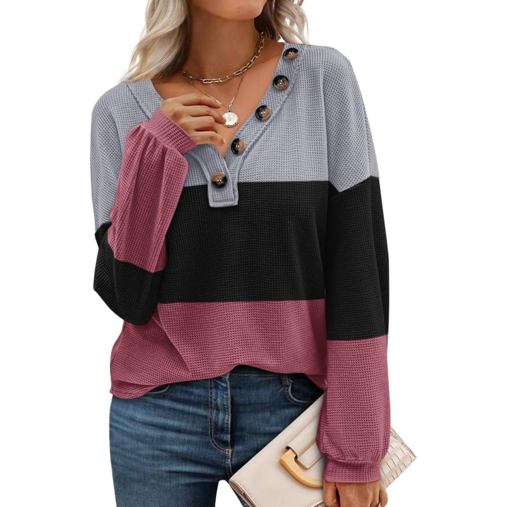 imageBTFBM Womens Fall Fashion 2025 Long Sleeve Shirts Spring V Neck Loose Casual Deco Button Lightweight Waffle Knit TopsStripe Black