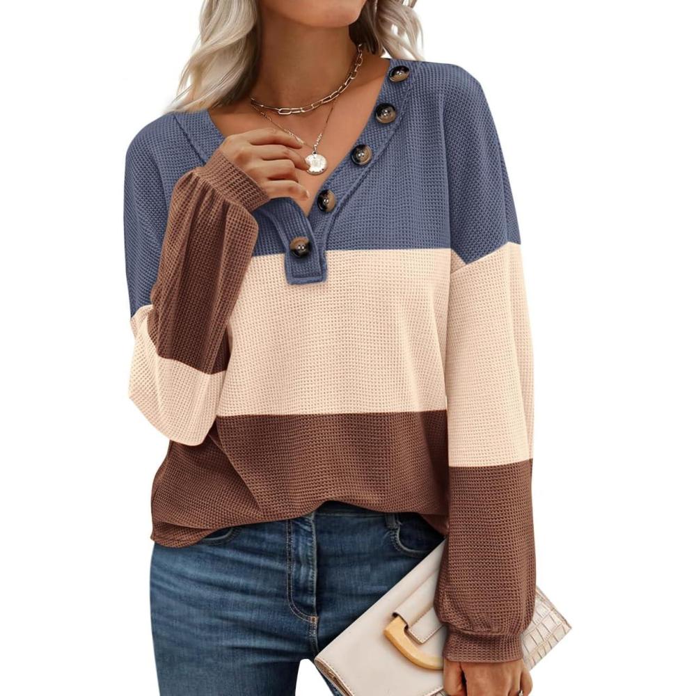 imageBTFBM Womens Fall Fashion 2025 Long Sleeve Shirts Spring V Neck Loose Casual Deco Button Lightweight Waffle Knit TopsStripe Blue