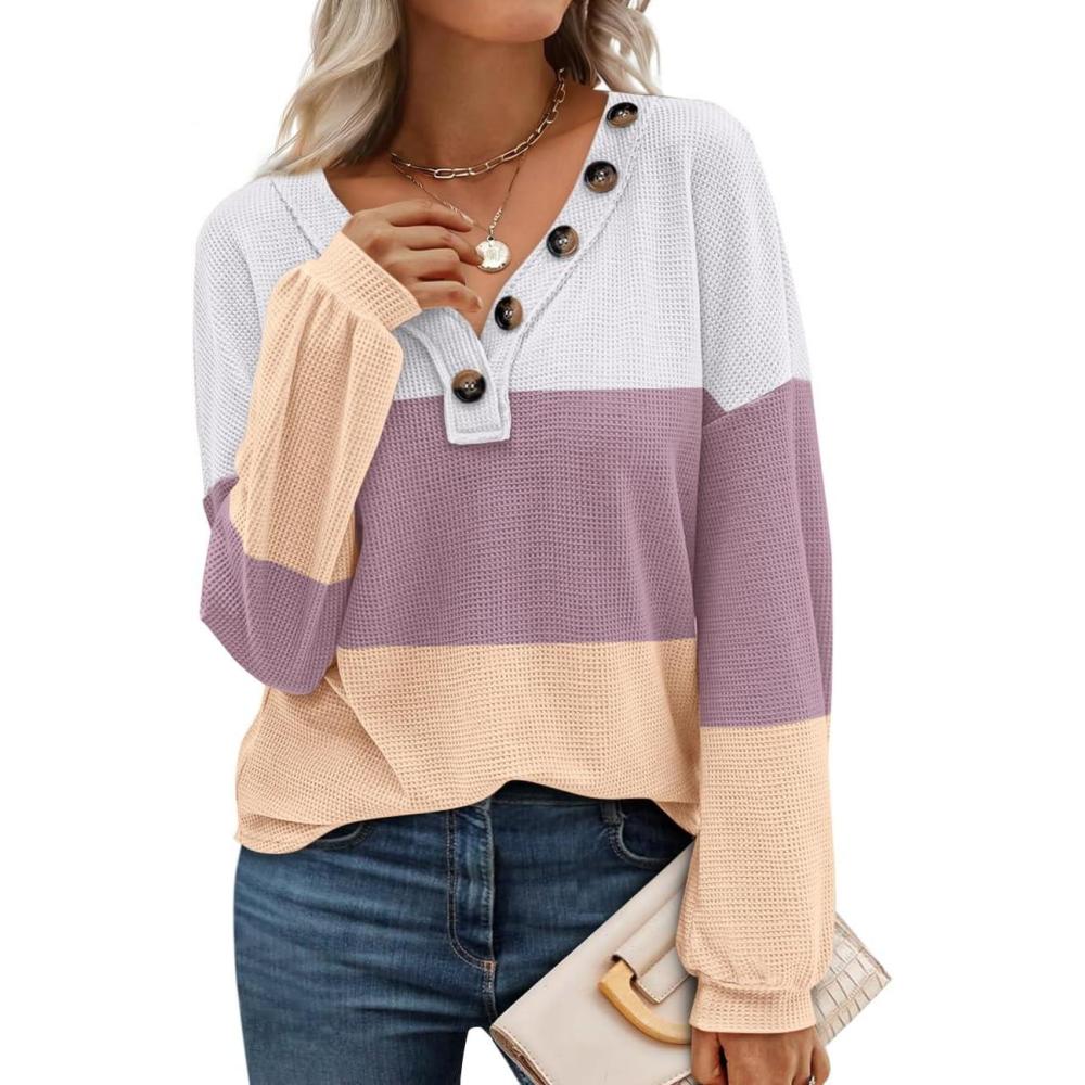imageBTFBM Womens Fall Fashion 2025 Long Sleeve Shirts Spring V Neck Loose Casual Deco Button Lightweight Waffle Knit TopsStripe White