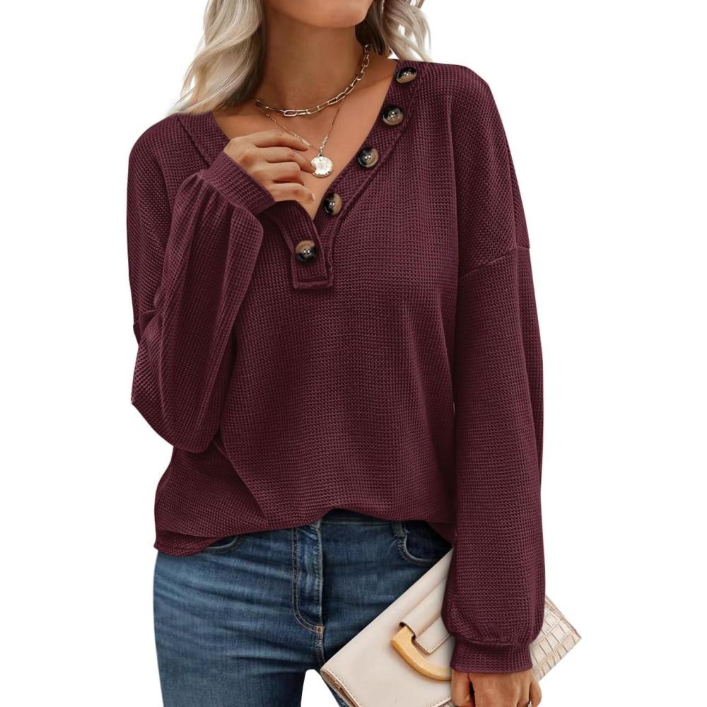 imageBTFBM Womens Fall Fashion 2025 Long Sleeve Shirts Spring V Neck Loose Casual Deco Button Lightweight Waffle Knit TopsWine Red